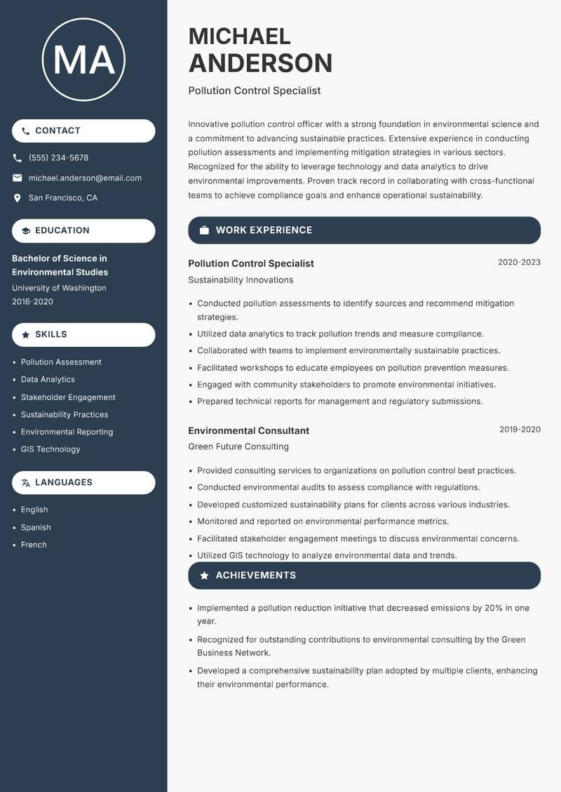 Pollution Control Officer resume template — Compact