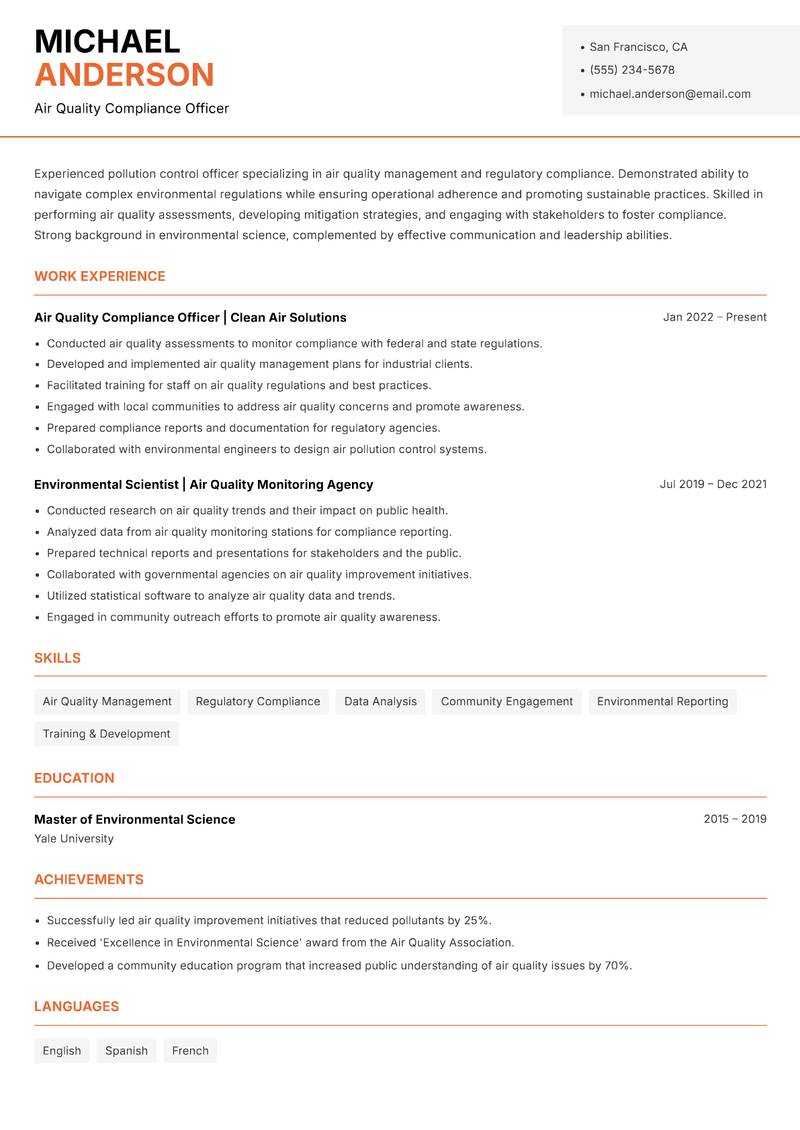 Pollution Control Officer resume template — Modern Professional