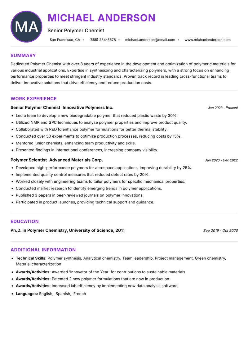 Polymer Chemist resume example — ATS-friendly template