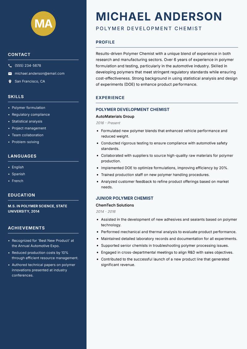 Polymer Chemist resume template — Classic Clean