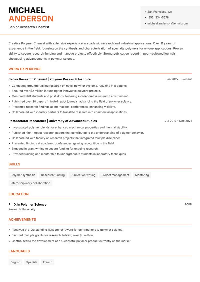 Polymer Chemist resume template — Modern Professional