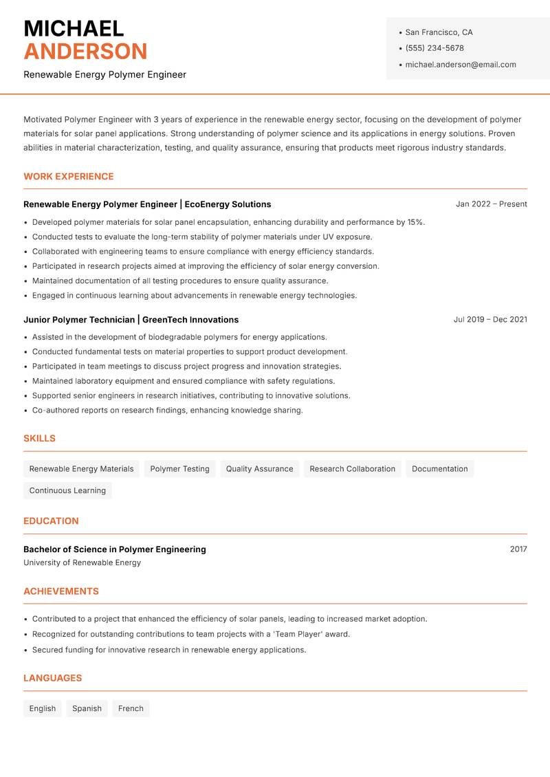 Polymer Engineer resume template — Modern Professional