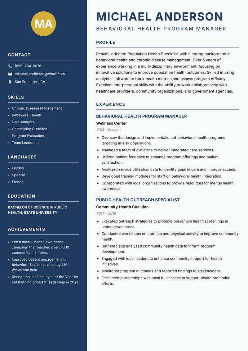 Population Health Specialist resume template — Classic Clean