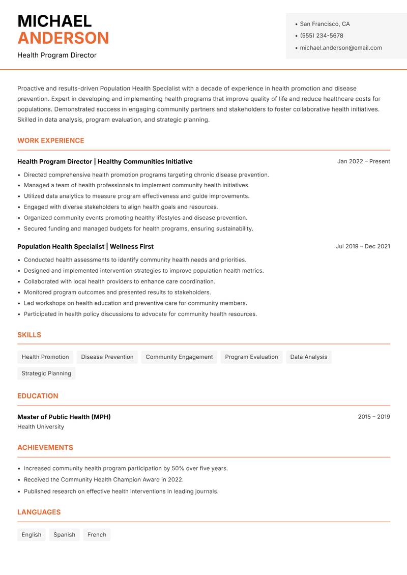 Population Health Specialist resume template — Modern Professional