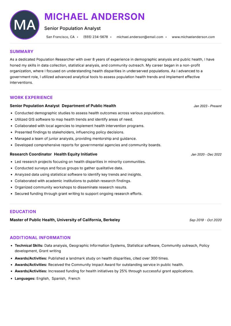 Population Researcher resume example — ATS-friendly template