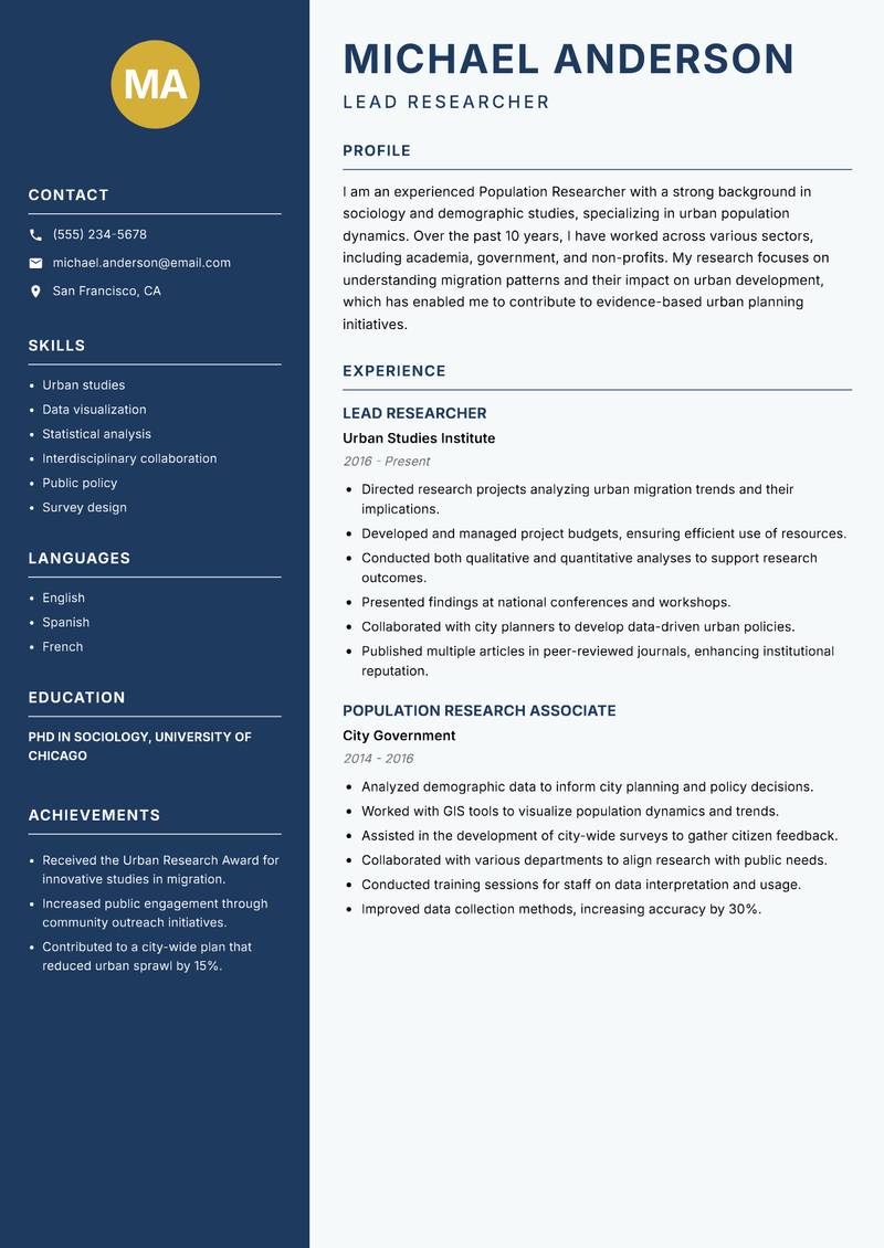 Population Researcher resume template — Classic Clean