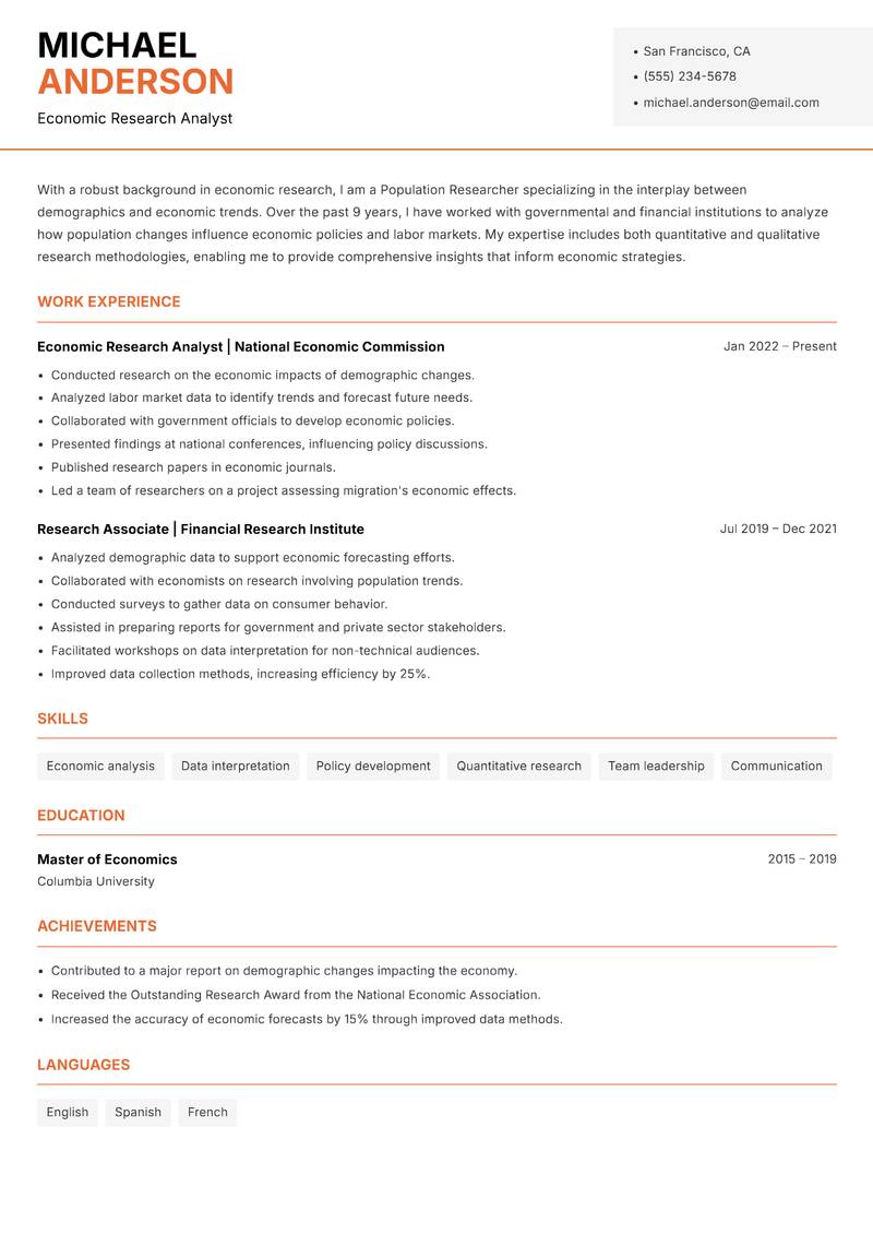 Population Researcher resume template — Modern Professional