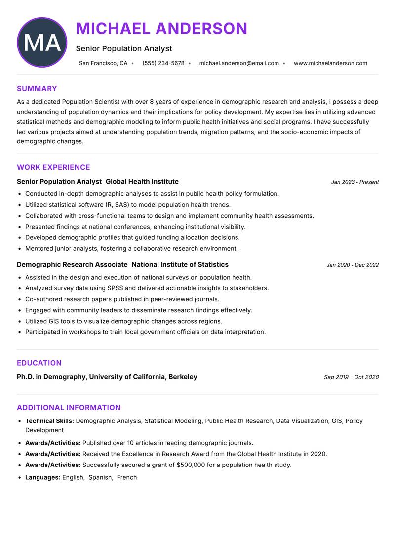 Population Scientist resume example — ATS-friendly template
