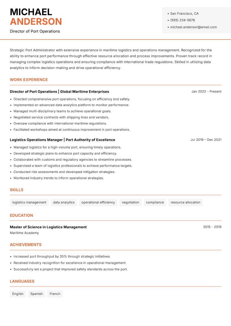 Port Administrator resume template — Modern Professional