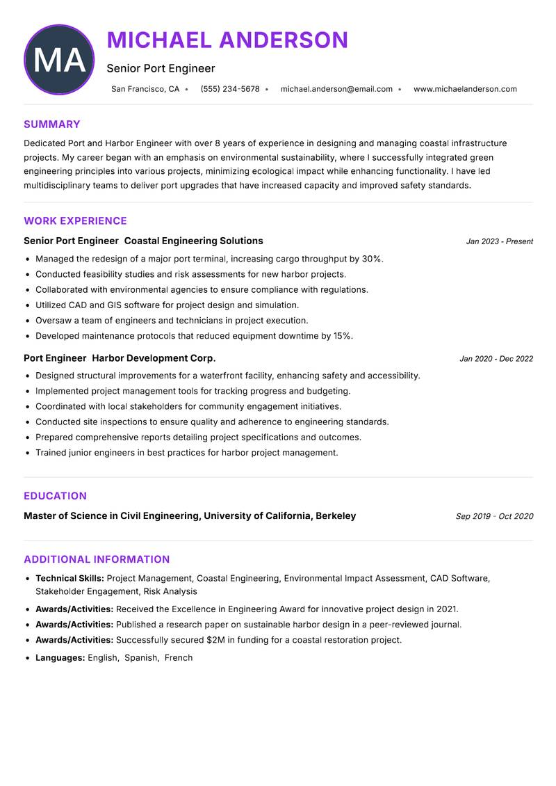 Port and Harbor Engineer resume example — ATS-friendly template
