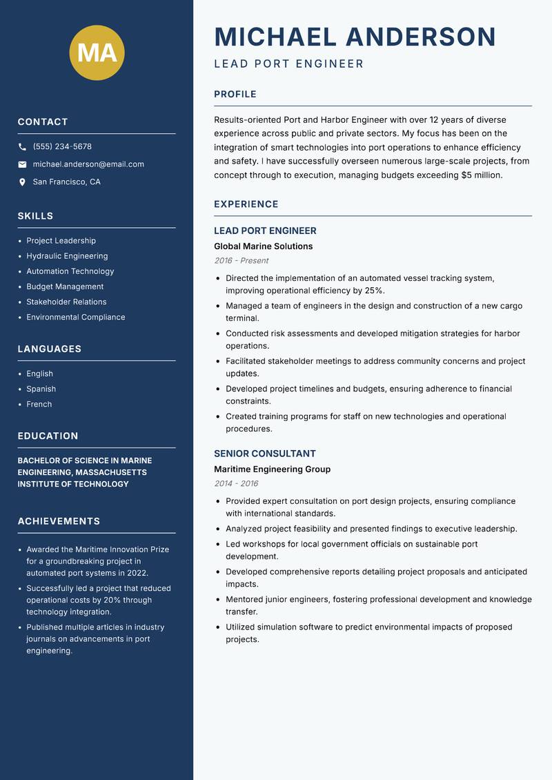 Port and Harbor Engineer resume template — Classic Clean