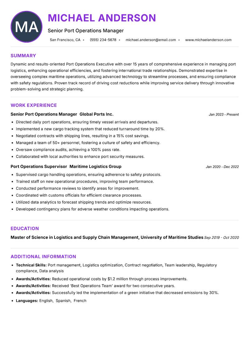 Port Operations Executive resume example — ATS-friendly template
