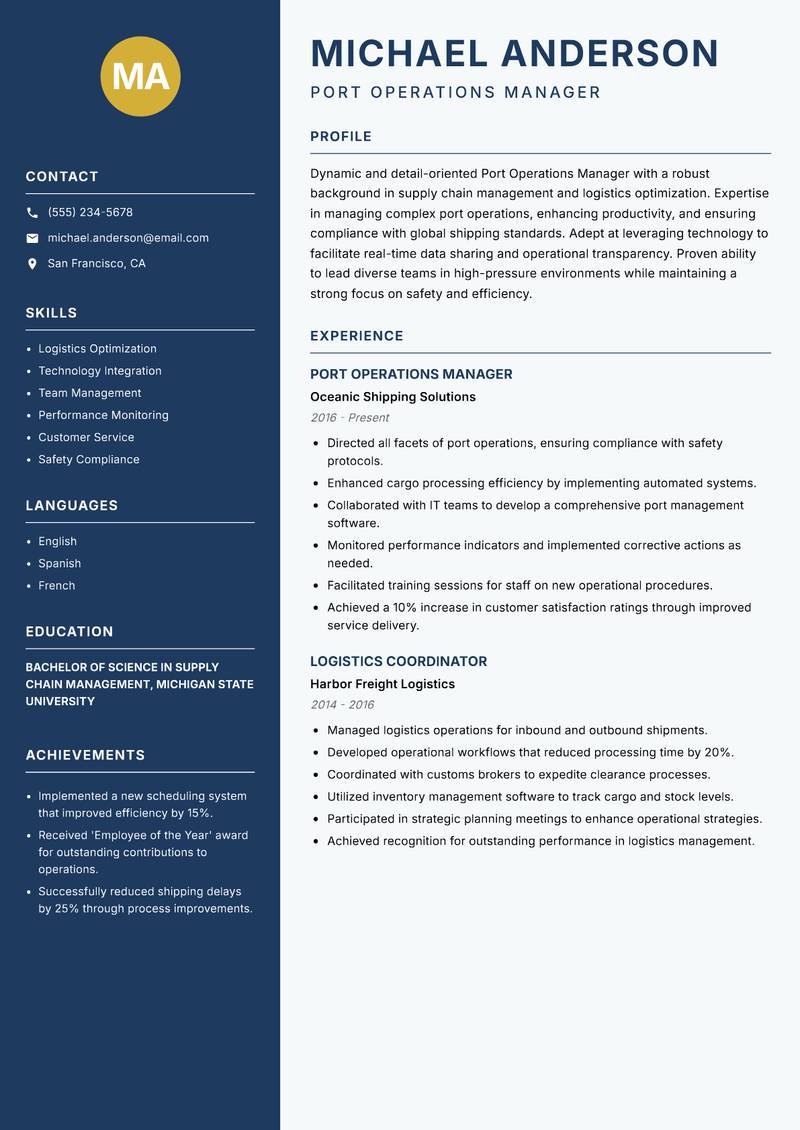 Port Operations Manager resume template — Classic Clean