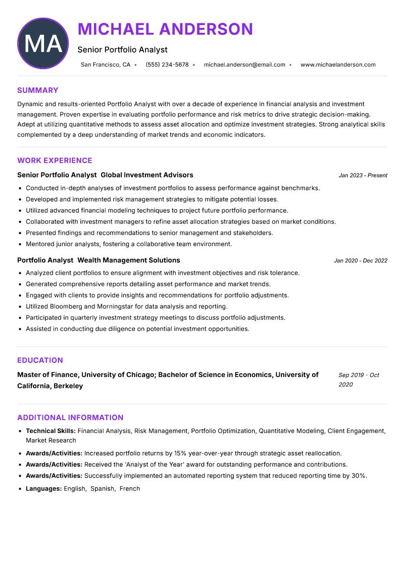 Portfolio Analyst resume example — ATS-friendly template
