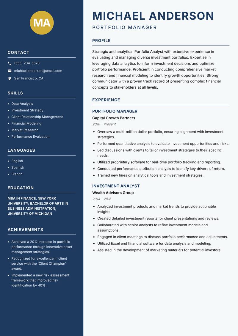 Portfolio Analyst resume template — Classic Clean