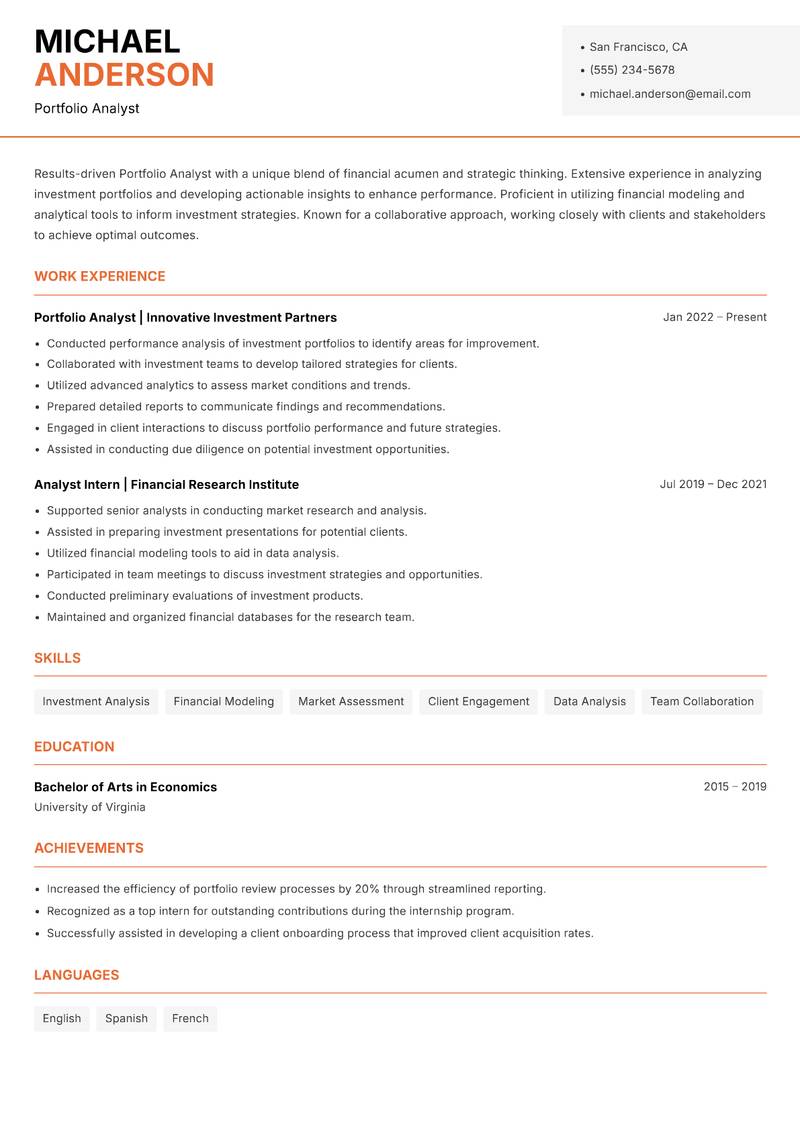 Portfolio Analyst resume template — Modern Professional
