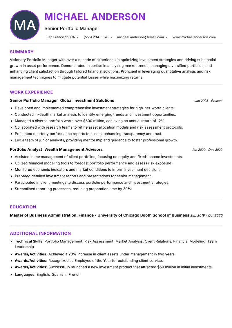 Portfolio Manager resume example — ATS-friendly template