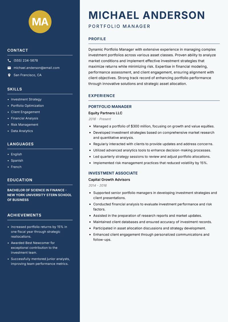 Portfolio Manager resume template — Classic Clean