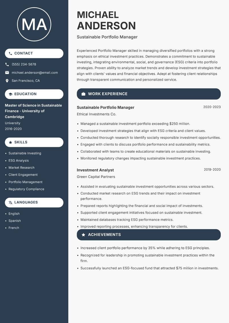 Portfolio Manager resume template — Compact