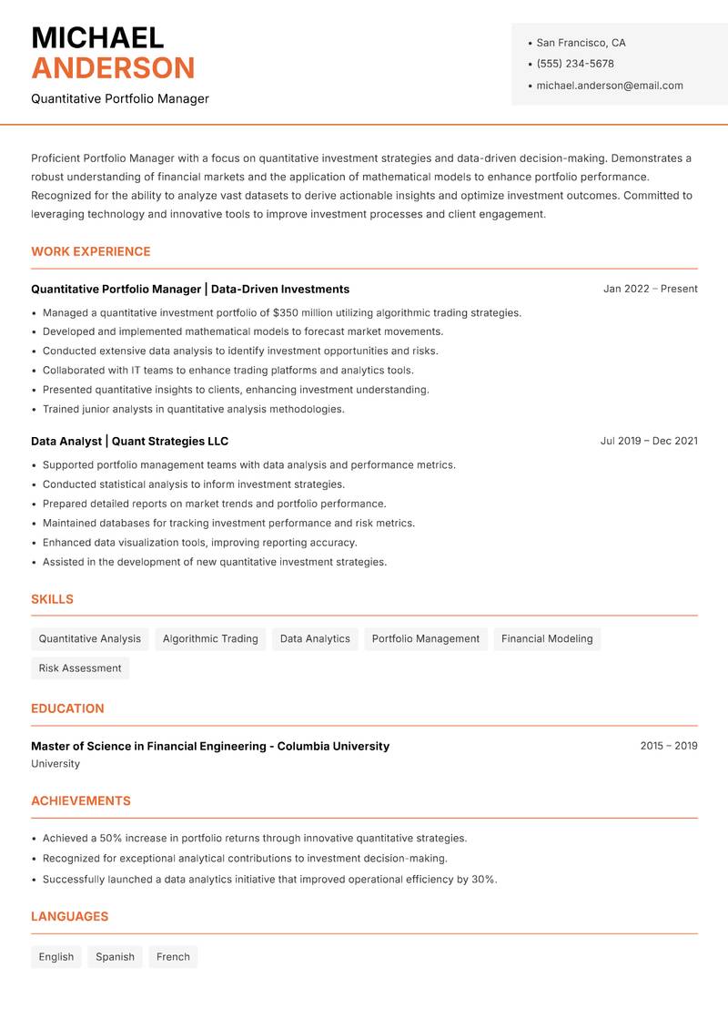 Portfolio Manager resume template — Modern Professional