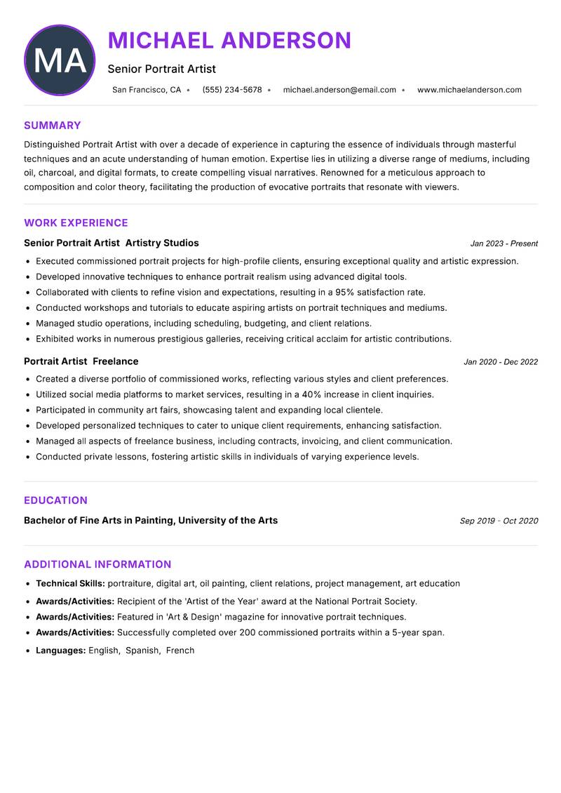 Portrait Artist resume example — ATS-friendly template