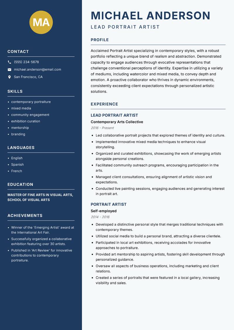 Portrait Artist resume template — Classic Clean