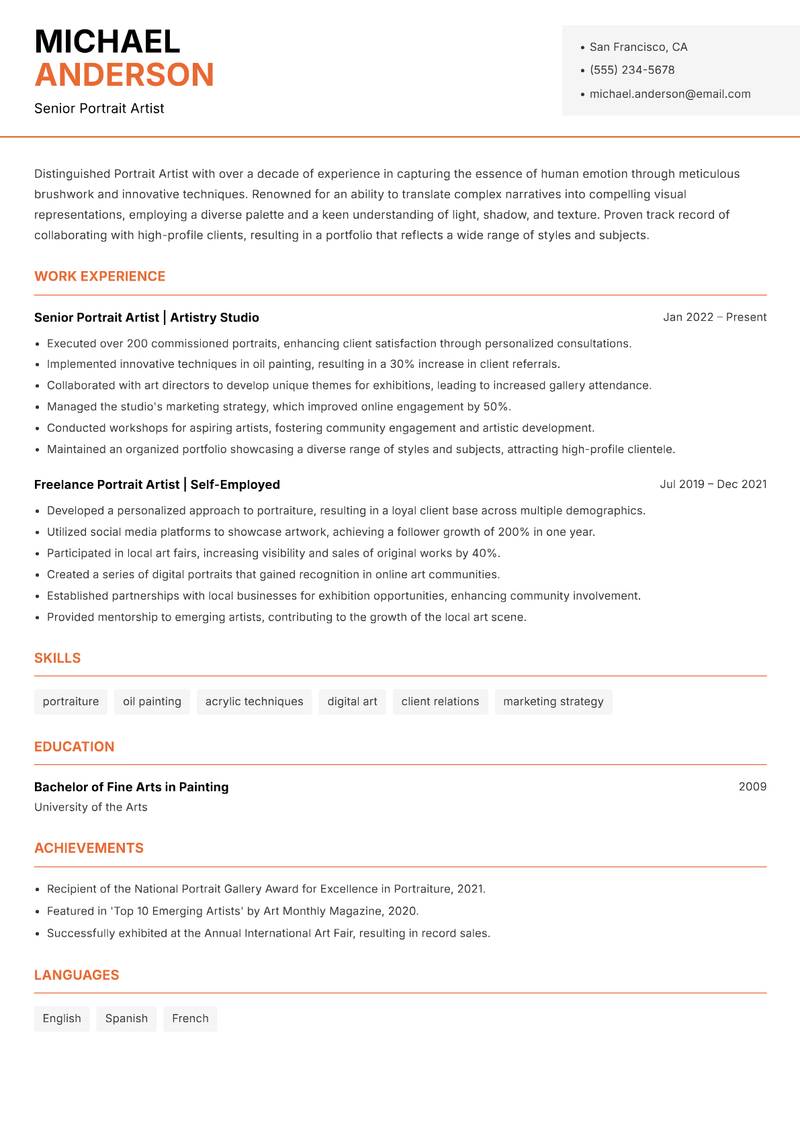 Portrait Artist resume template — Modern Professional