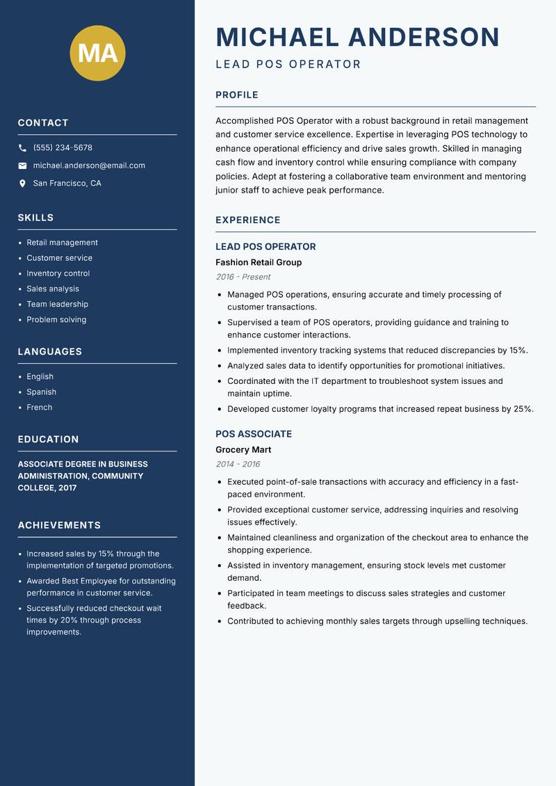 POS Operator resume template — Classic Clean