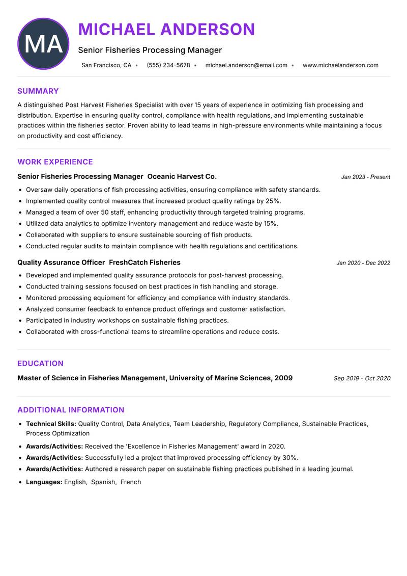 Post Harvest Fisheries Specialist resume example — ATS-friendly template
