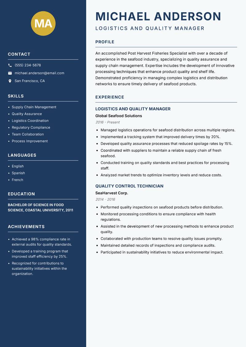 Post Harvest Fisheries Specialist resume template — Classic Clean