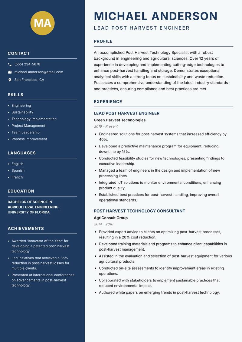 Post Harvest Technology Specialist resume template — Classic Clean