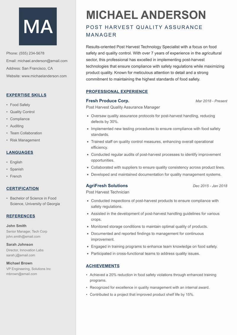 Post Harvest Technology Specialist resume template — Creative Minimal