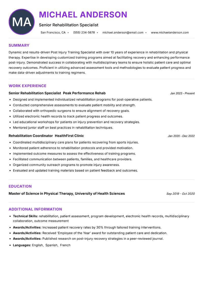 Post Injury Training Specialist resume example — ATS-friendly template