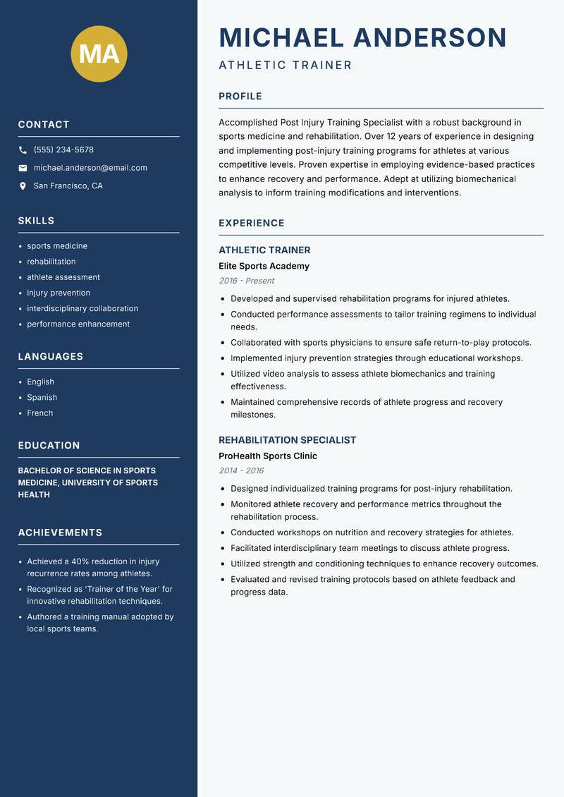 Post Injury Training Specialist resume template — Classic Clean