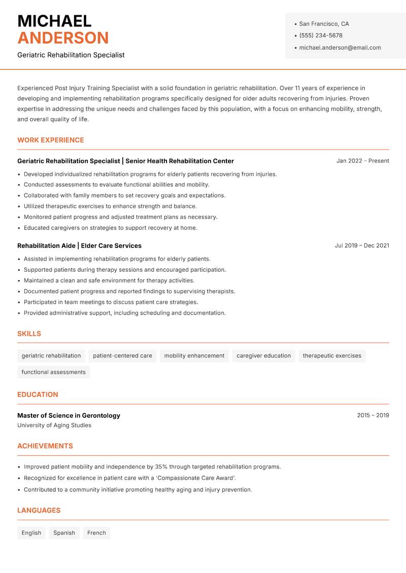 Post Injury Training Specialist resume template — Modern Professional