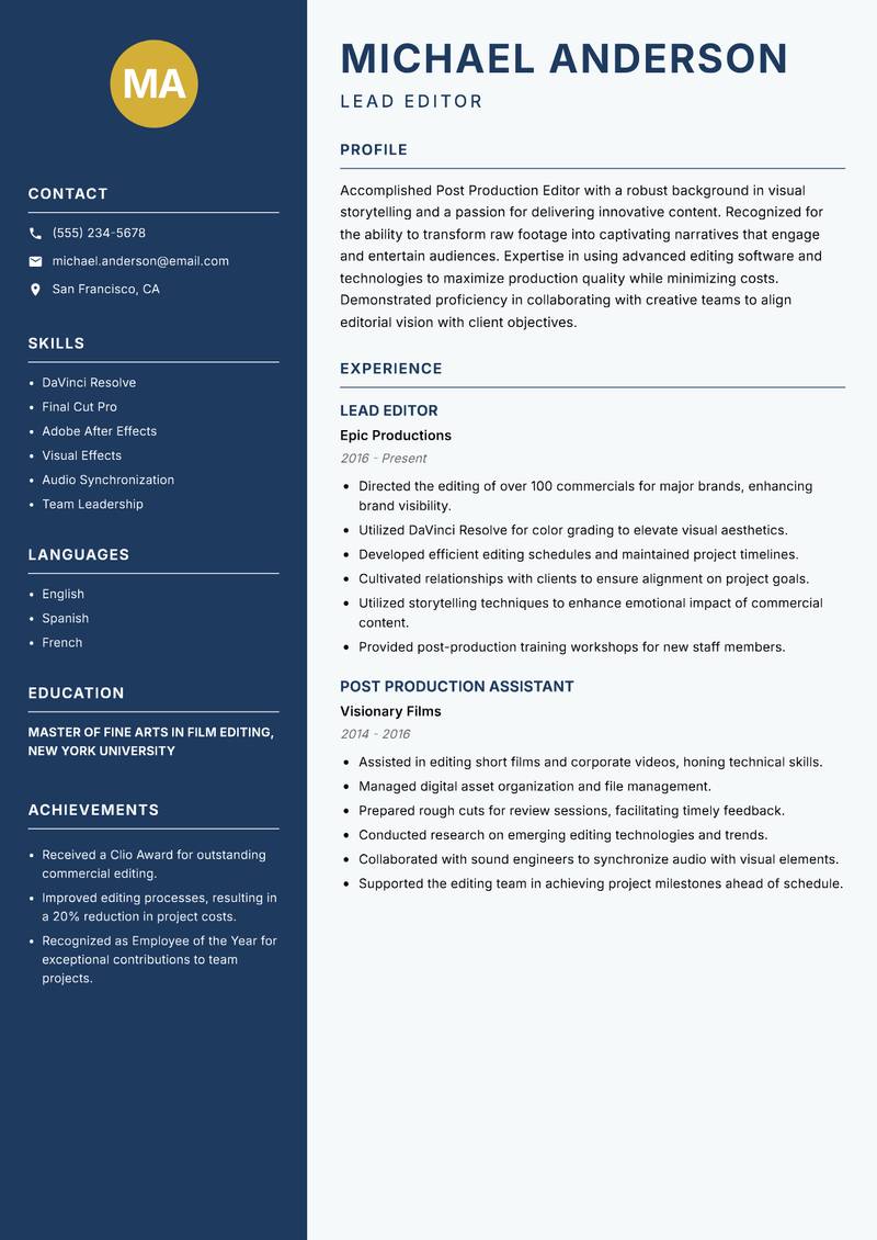 Post Production Editor resume template — Classic Clean