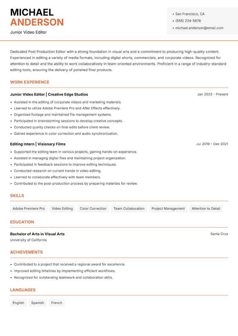 Post Production Editor resume template — Modern Professional