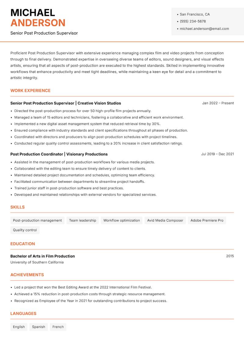 Post Production Supervisor resume template — Modern Professional