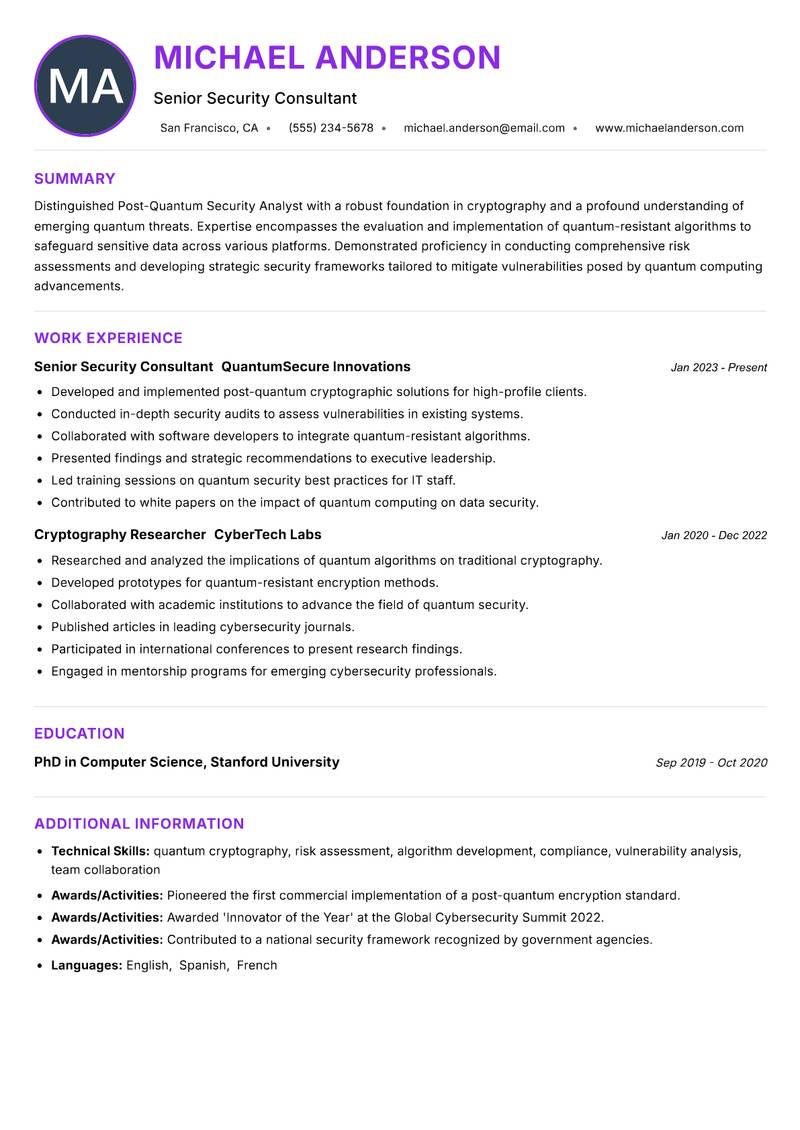 Post-Quantum Security Analyst resume example — Quantum Technologies