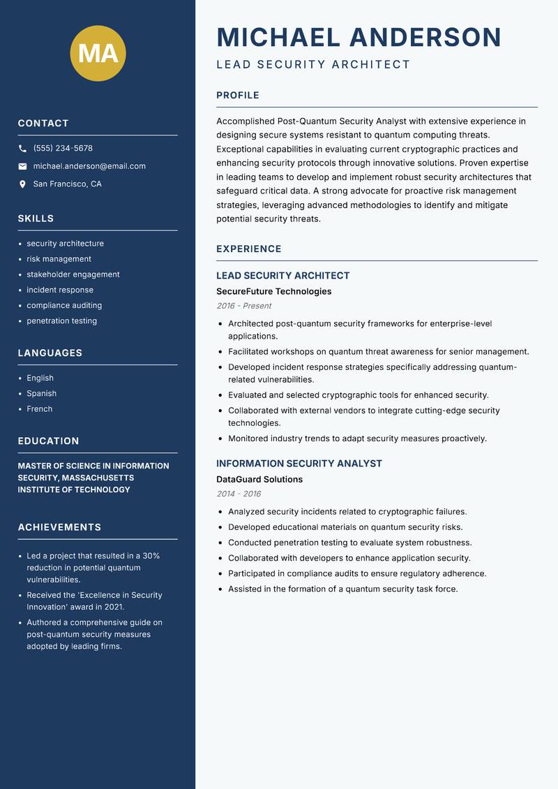 Post-Quantum Security Analyst resume template — Classic Clean