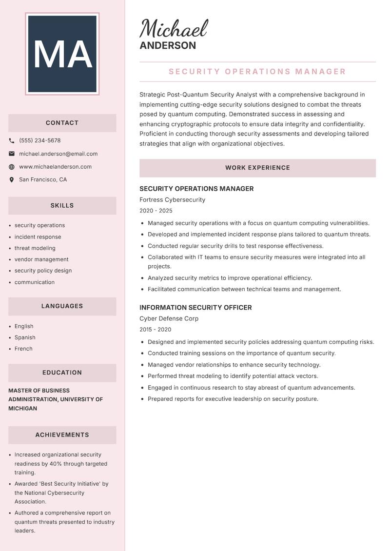 Post-Quantum Security Analyst resume template — Executive