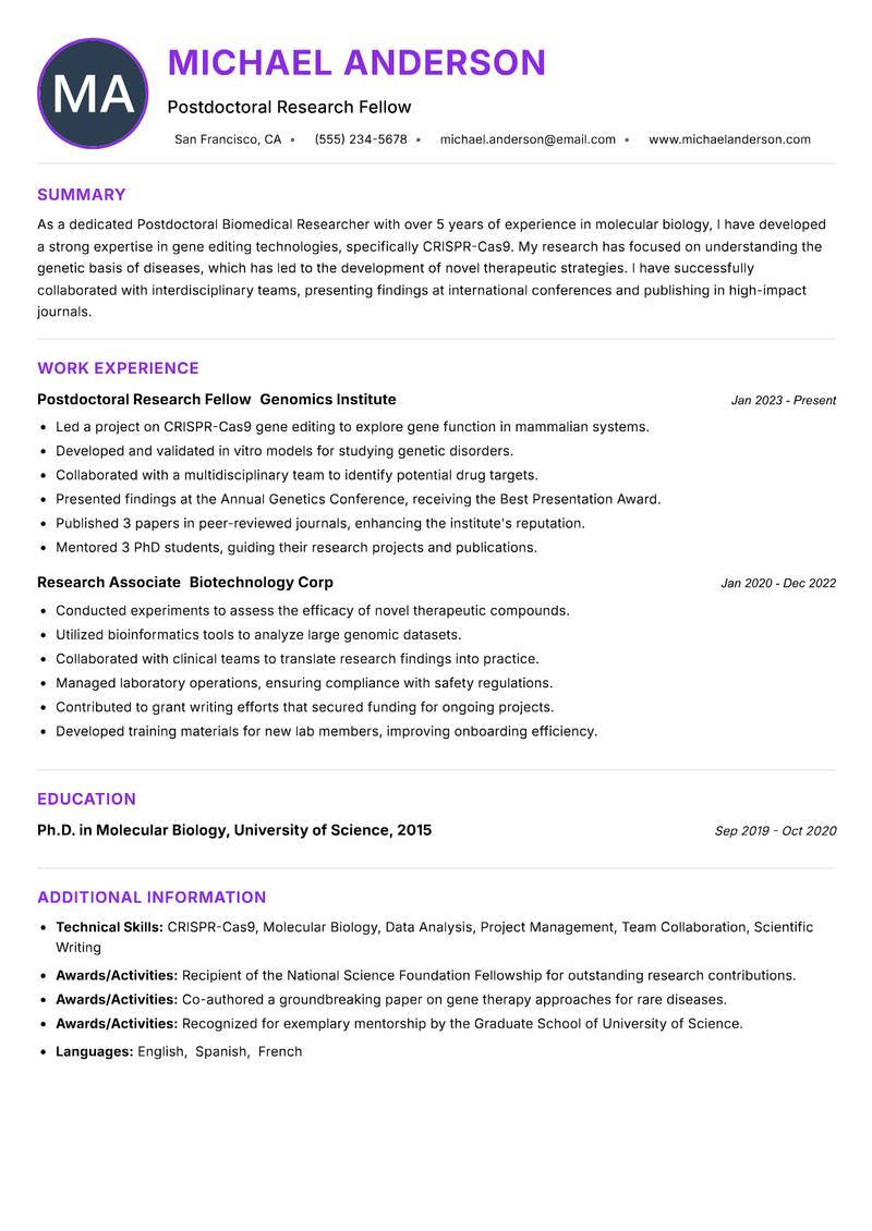 Postdoctoral Biomedical Researcher resume example — ATS-friendly template