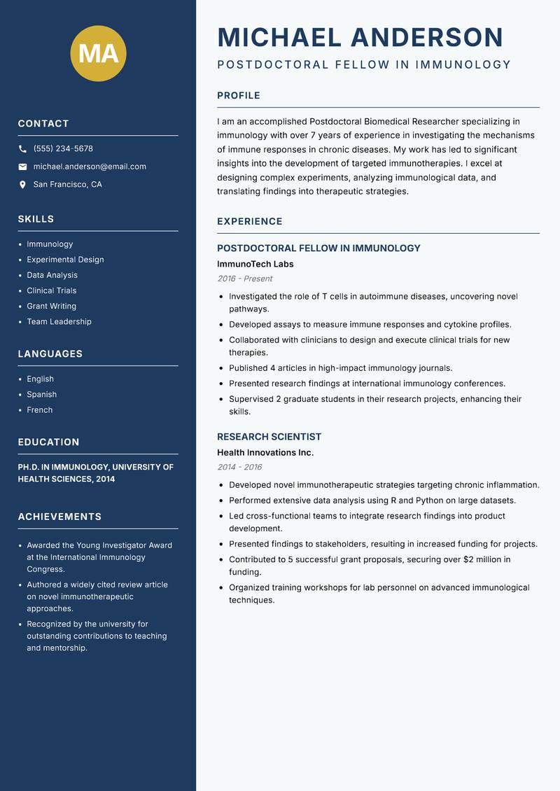 Postdoctoral Biomedical Researcher resume template — Classic Clean