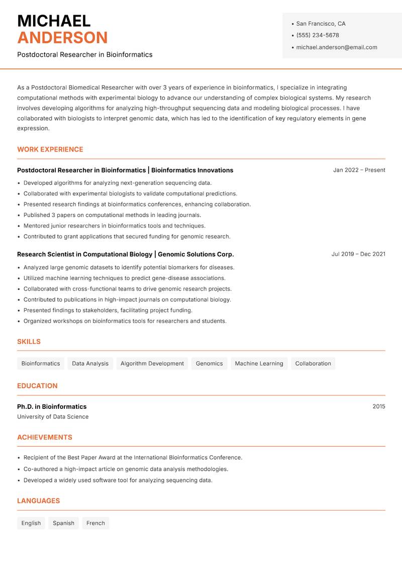 Postdoctoral Biomedical Researcher resume template — Modern Professional