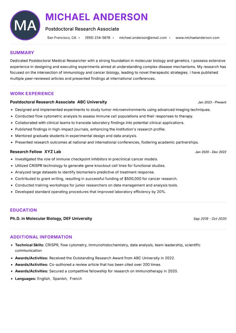 Postdoctoral Medical Researcher resume example — ATS-friendly template