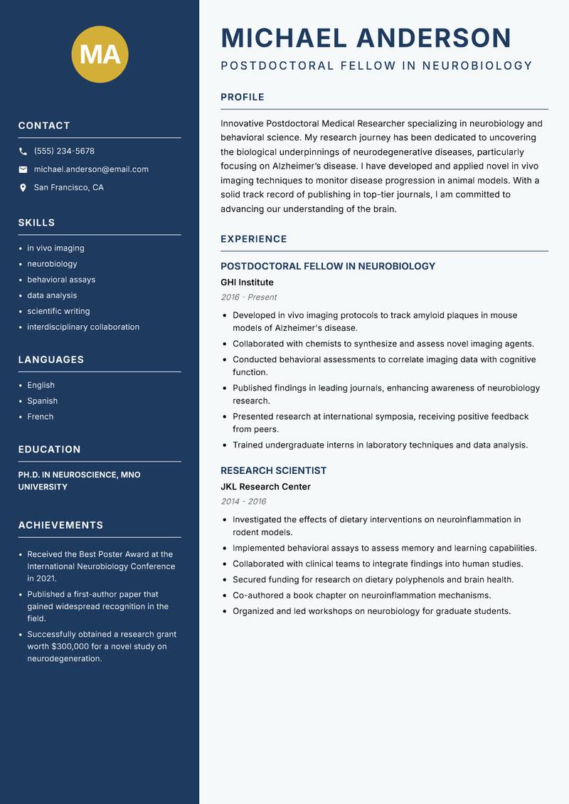 Postdoctoral Medical Researcher resume template — Classic Clean
