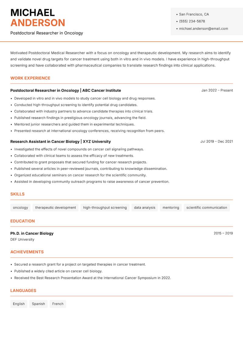 Postdoctoral Medical Researcher resume template — Modern Professional