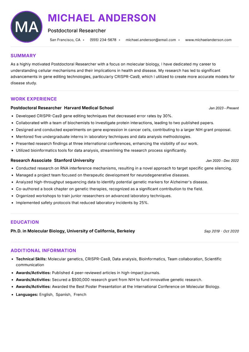 Postdoctoral Researcher resume example — ATS-friendly template