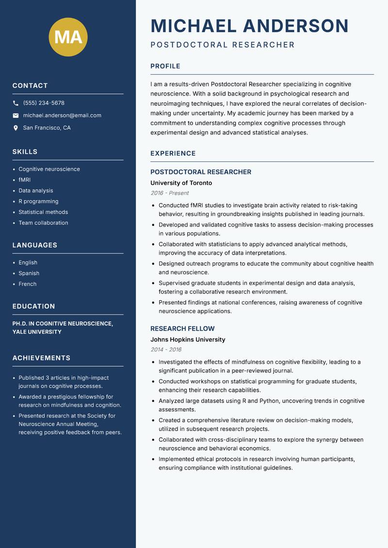 Postdoctoral Researcher resume template — Classic Clean