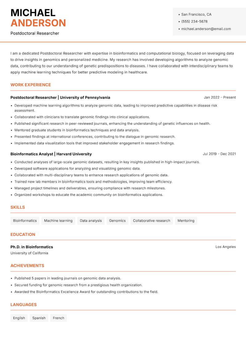 Postdoctoral Researcher resume template — Modern Professional